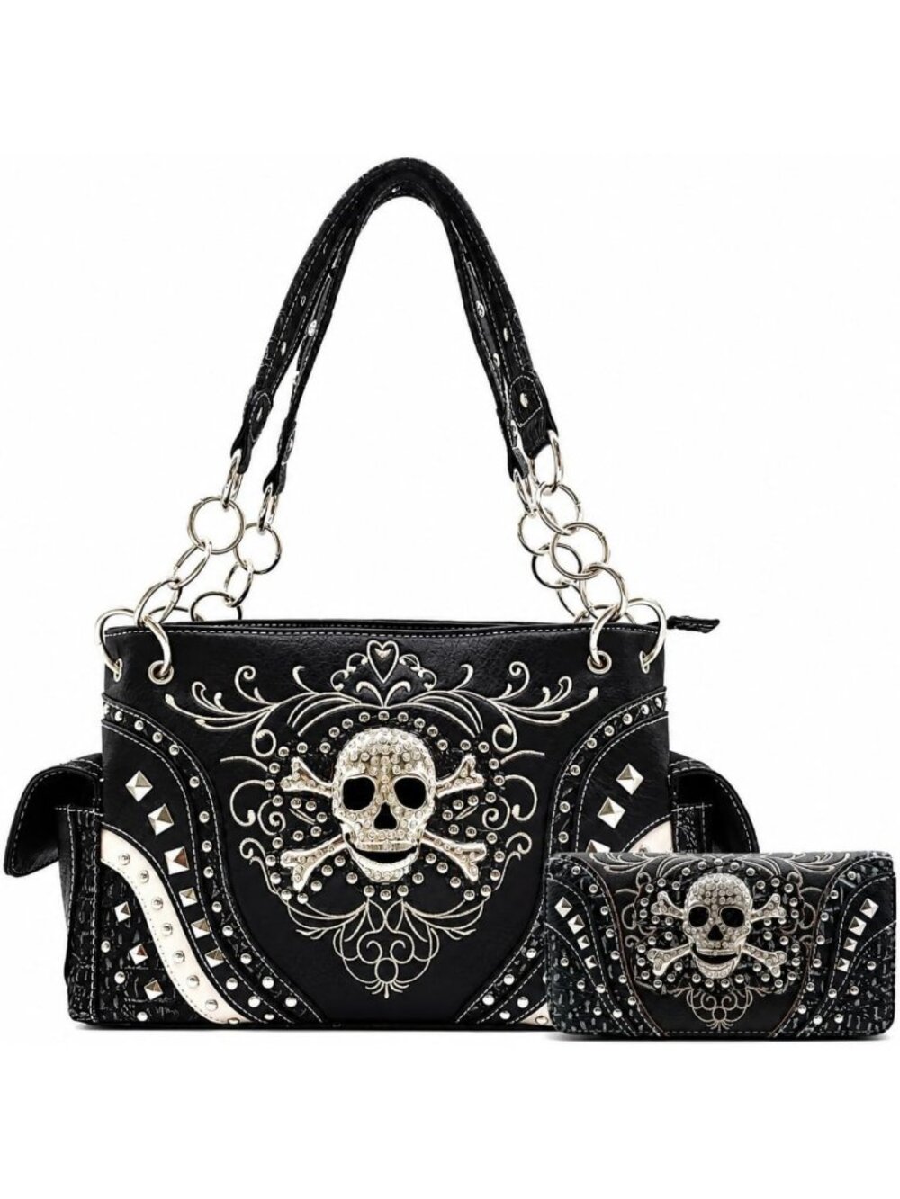 Trendy Rhinestone Gothic Skull Purse & Wallet Set - Western Style for Women
